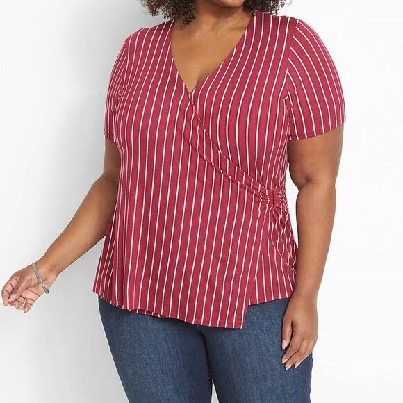 Lane Bryant Striped Wrap Burgundy Top 0164 - Picture 2 of 11